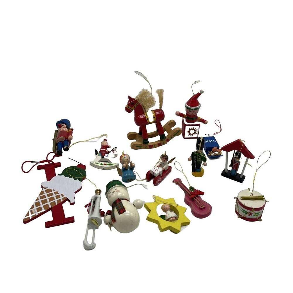 Lot 15 Christmas Ornaments Wood Vintage Mini Wooden Painted Angel Drum Snowman